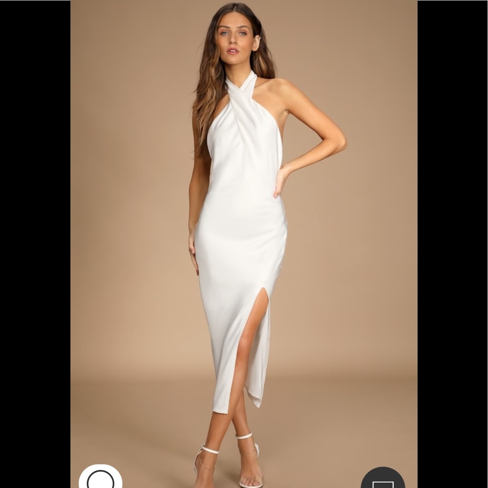 LuLus white satin midi dress. NEVER WORN